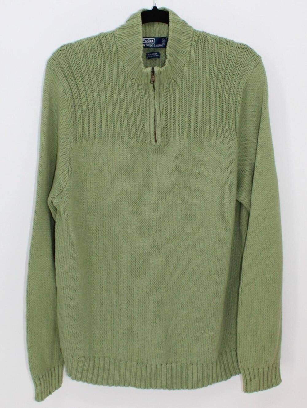 Polo Ralph Lauren XXL Sage Green Linen Cotton Quarter Zip Knit Sweater Pullover